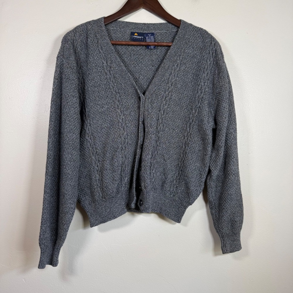 Lizsport Petite Vintage Cable Knit V-Neck Cardigan Sweater Size Medium Gray